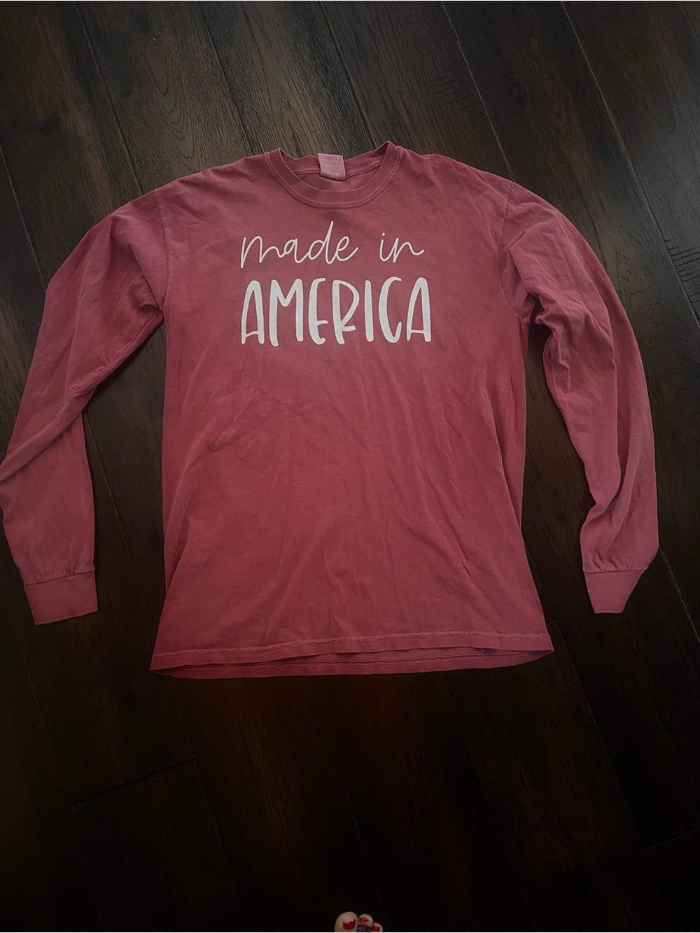 Made in America scripted graphic crimson long sleeve tee